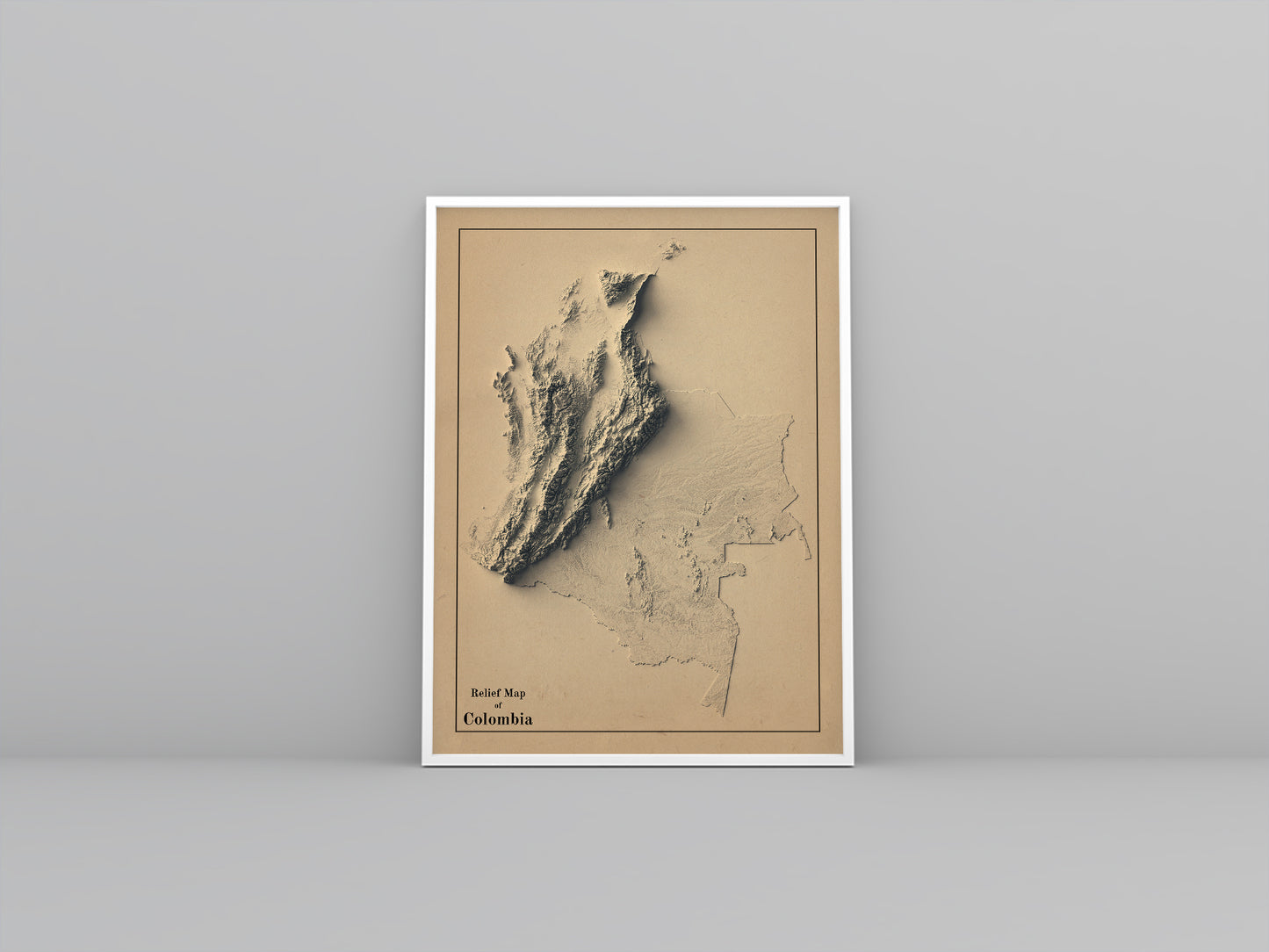 Colombia vintage framed shaded relief map in white frame. Artistic print highlighting mountains with a realistic 3d effect