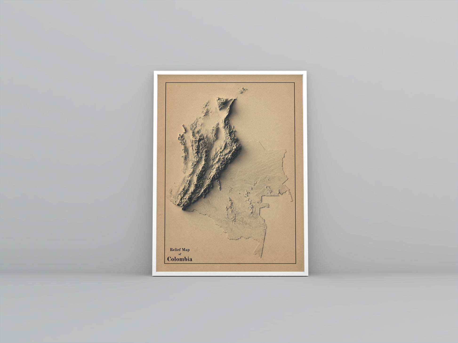 Colombia vintage framed shaded relief map in white frame. Artistic print highlighting mountains with a realistic 3d effect
