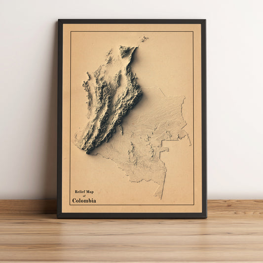 Colombia vintage framed shaded relief map in black frame. Artistic print highlighting mountains with a realistic terrain effect