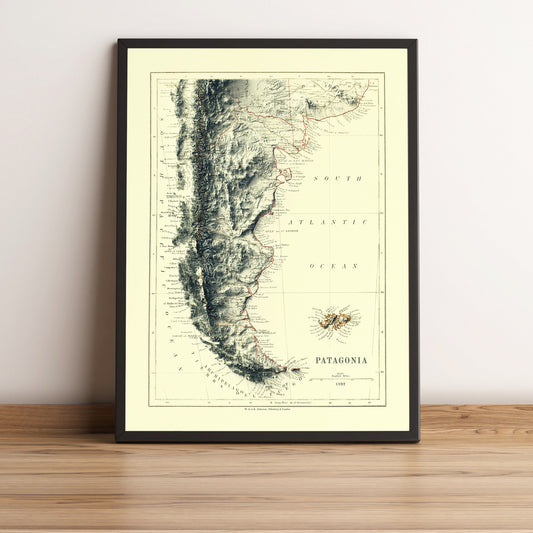 Patagonia vintage framed shaded relief map in black frame. Artistic print highlighting mountains with a realistic terrain effect