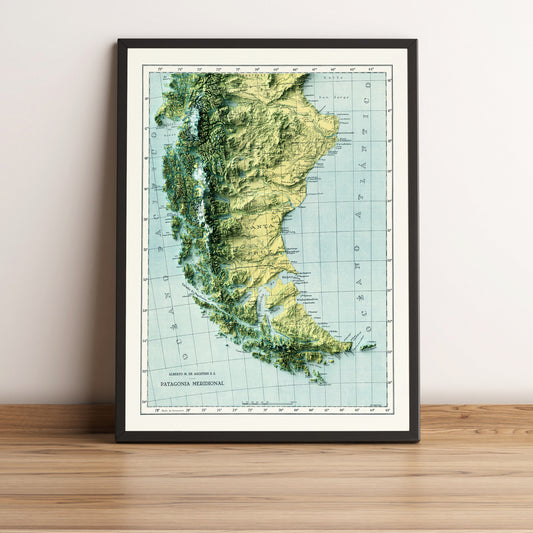 Patagonia vintage framed shaded relief map in black frame. Artistic print highlighting mountains with a realistic terrain effect