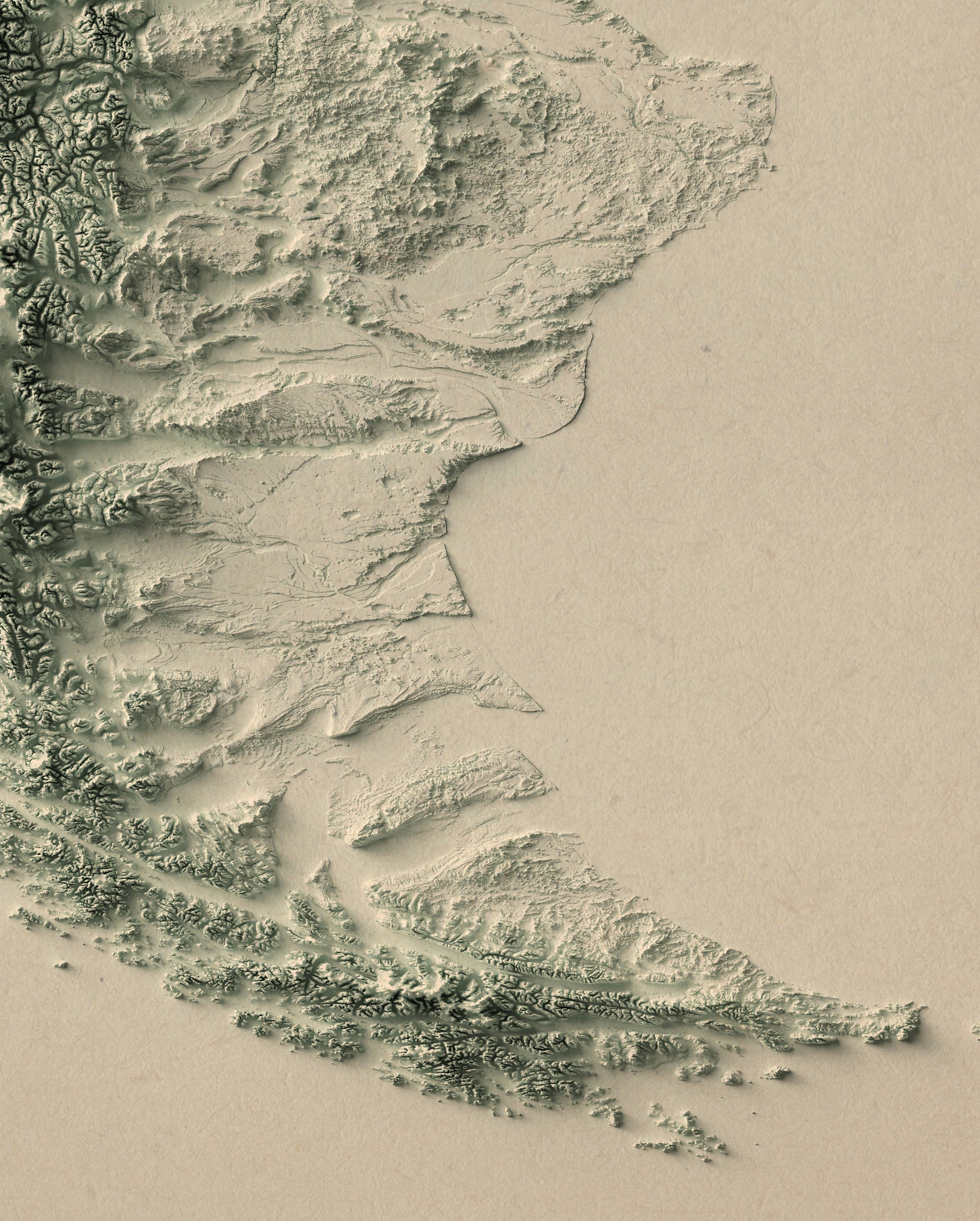 Detailed close-up of a vintage Patagonia relief map, showcasing textured topography and geographic contours