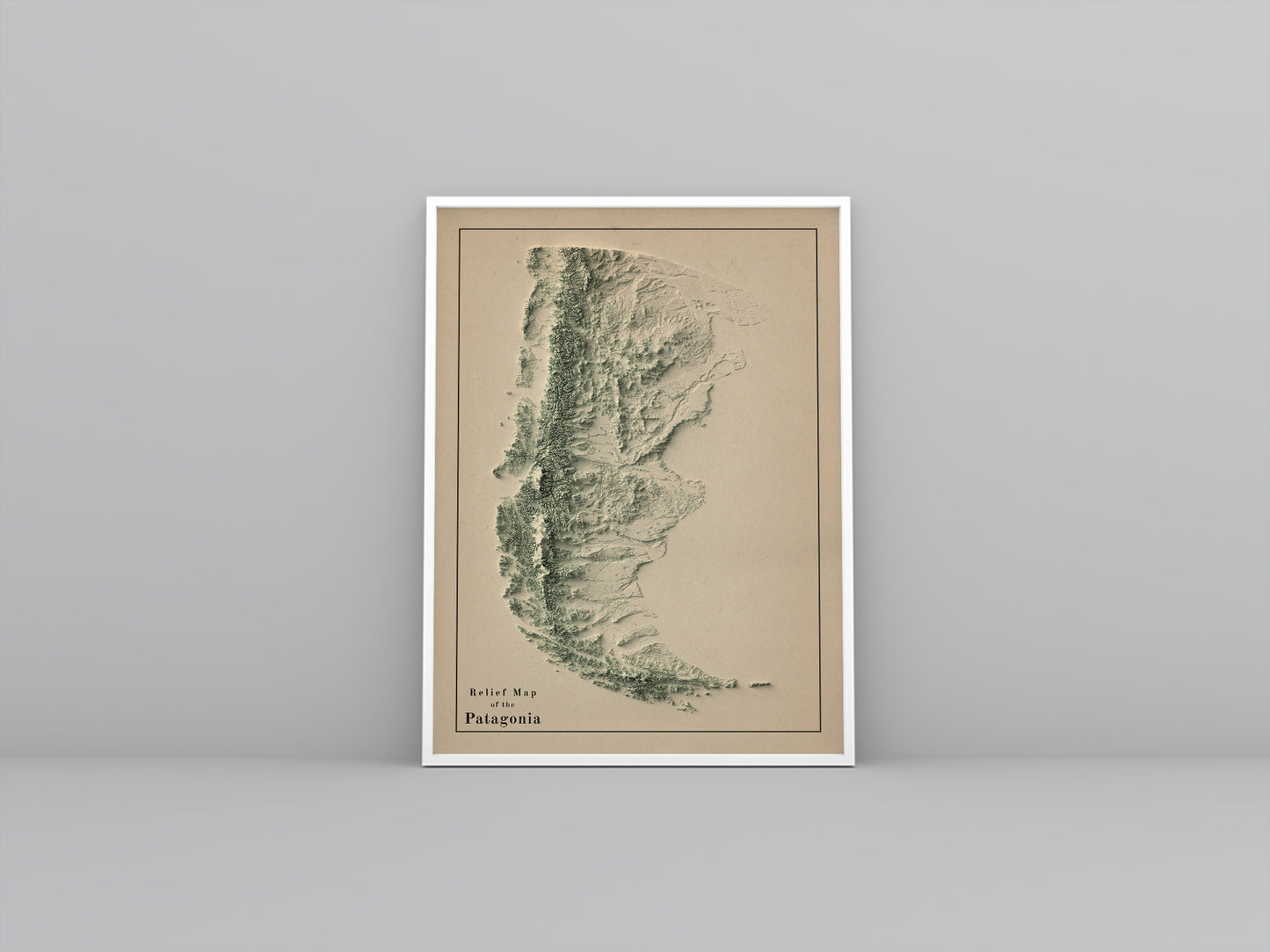 Patagonia vintage framed shaded relief map in white frame. Artistic print highlighting mountains with a realistic 3d effect