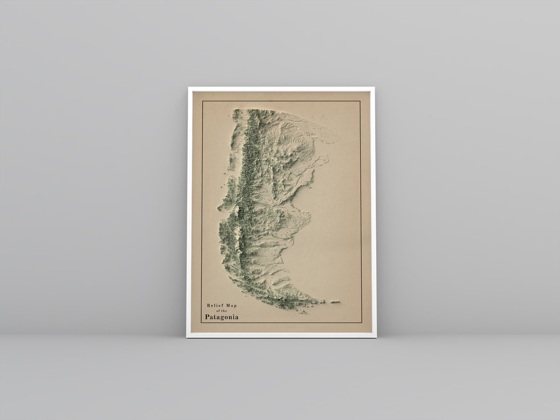 Patagonia vintage framed shaded relief map in white frame. Artistic print highlighting mountains with a realistic 3d effect