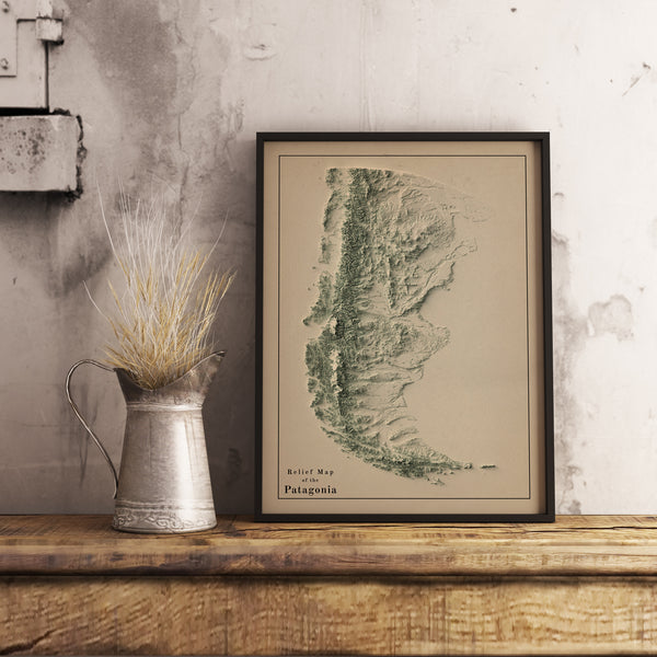 vintage shaded relief map of the Patagonia