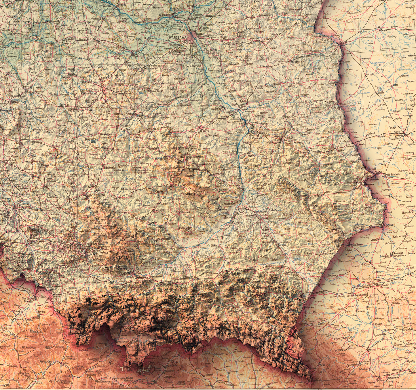 Detailed close-up of a vintage Poland relief map, showcasing textured topography and geographic contours