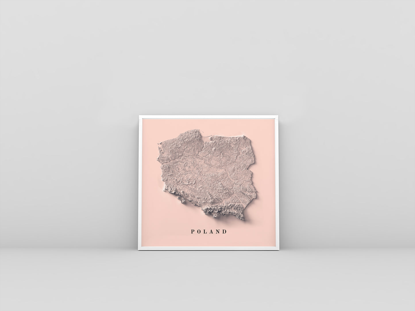 Poland framed shaded relief map in white frame. Artistic print highlighting mountains with a realistic 3d effect