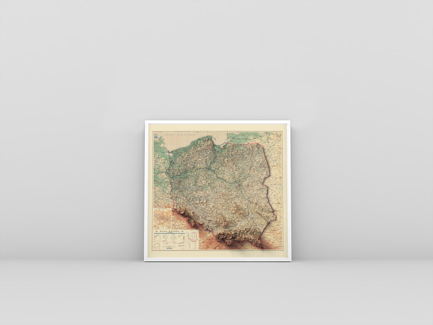 Poland vintage framed shaded relief map in white frame. Artistic print highlighting mountains with a realistic 3d effect