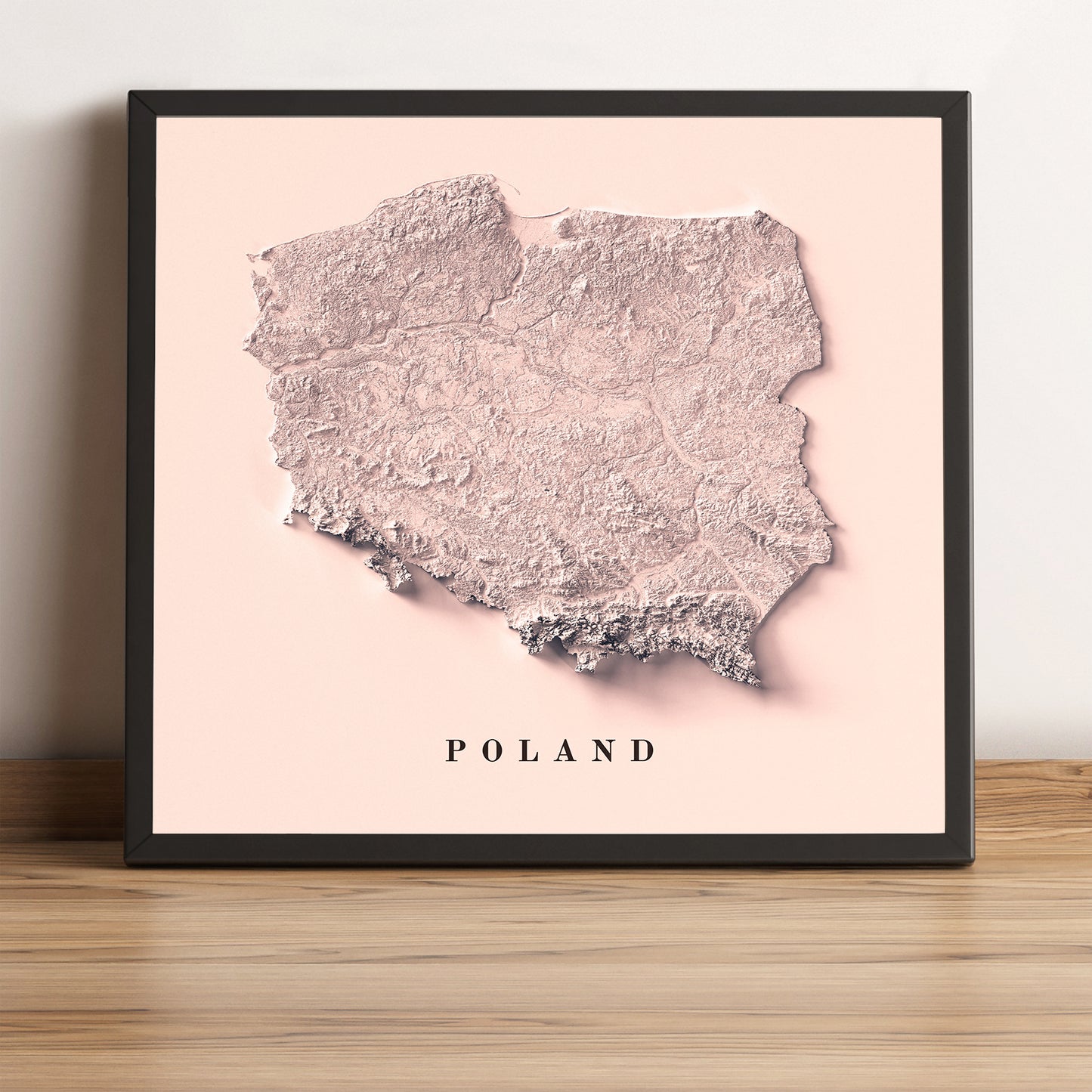Poland framed shaded relief map in black frame. Artistic print highlighting mountains with a realistic terrain effect