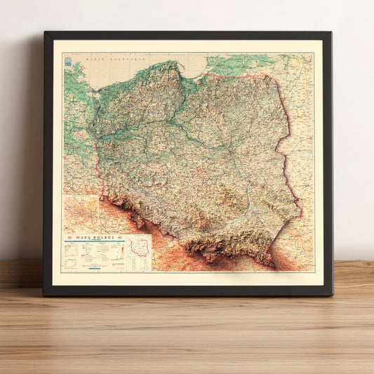 Poland vintage framed shaded relief map in black frame. Artistic print highlighting mountains with a realistic terrain effect