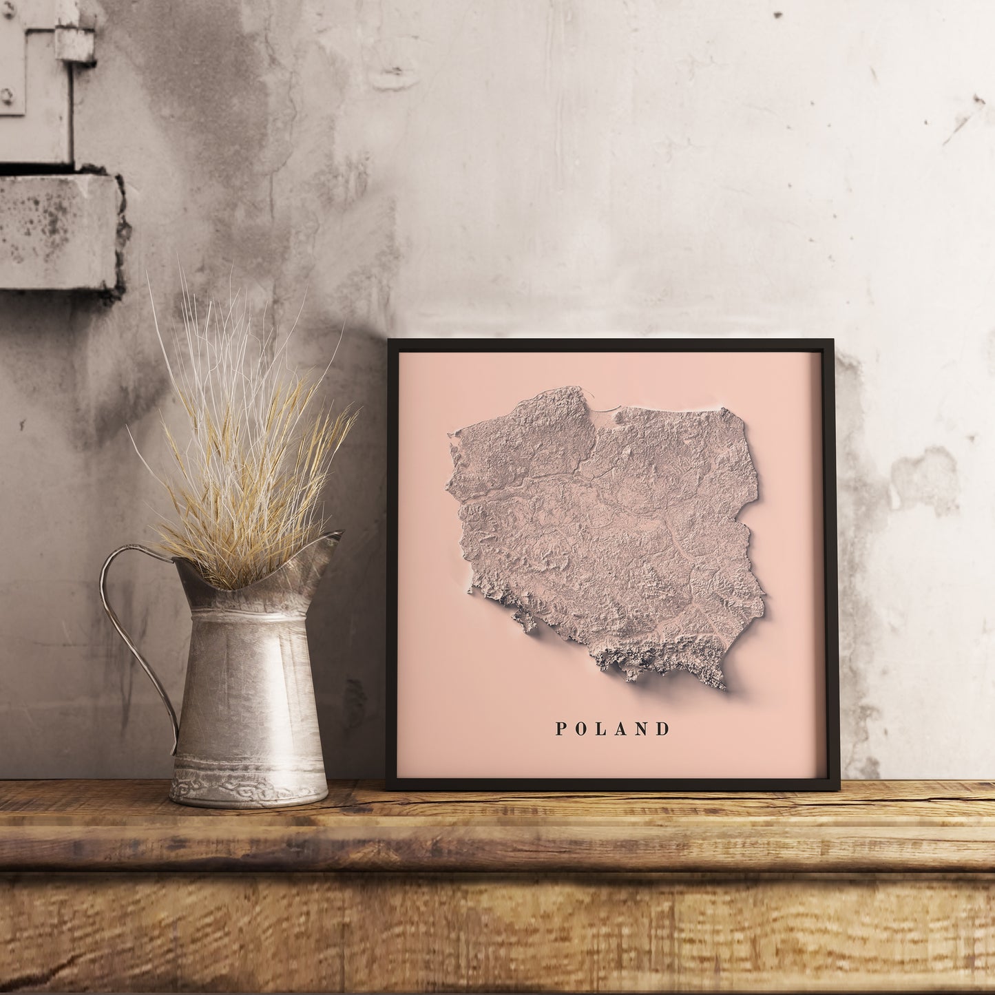 Poland shaded relief map in black frame. Realistic terrain art print for home decor, displayed on rustic wooden table
