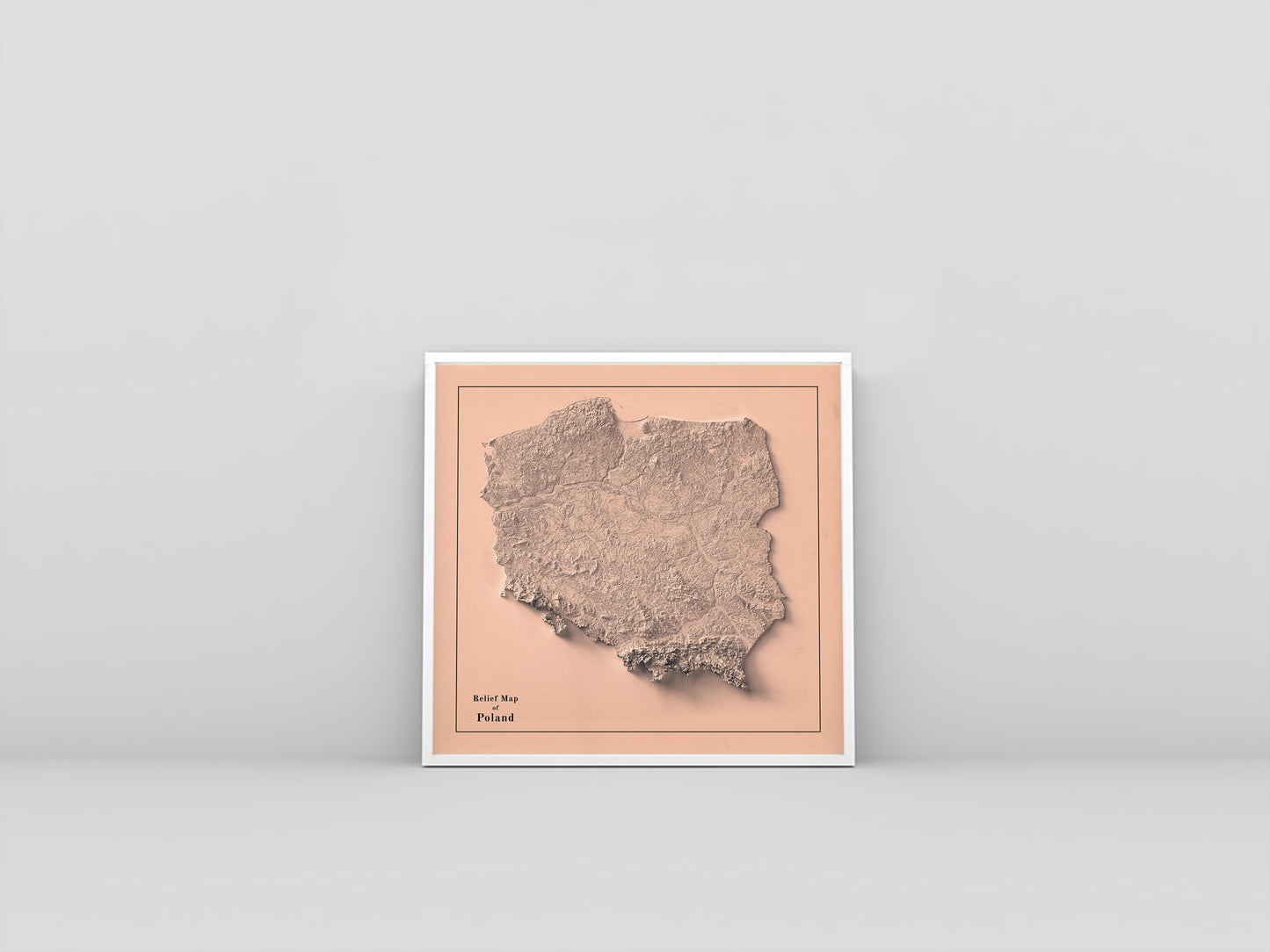Poland vintage framed shaded relief map in white frame. Artistic print highlighting mountains with a realistic 3d effect