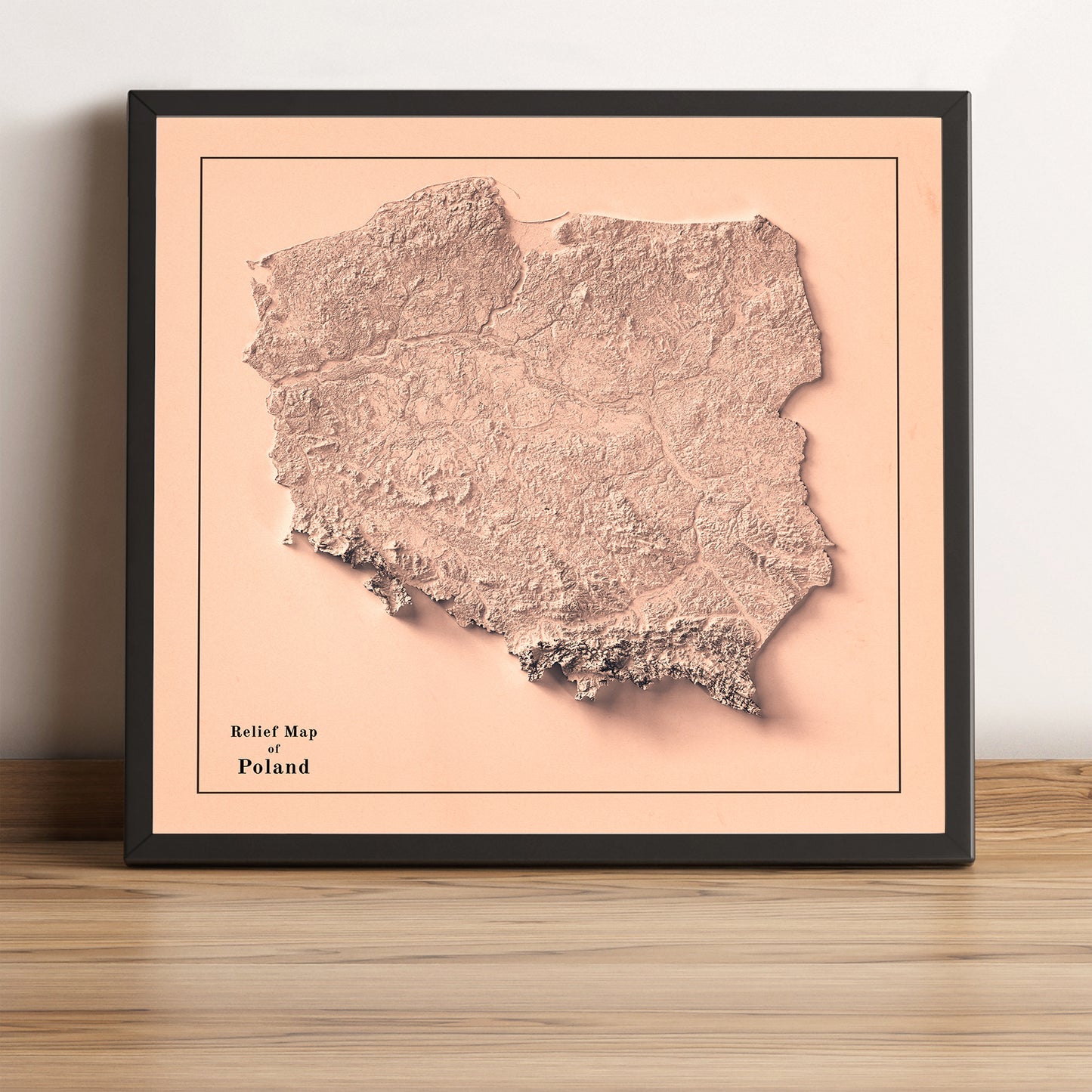 Poland vintage framed shaded relief map in black frame. Artistic print highlighting mountains with a realistic terrain effect