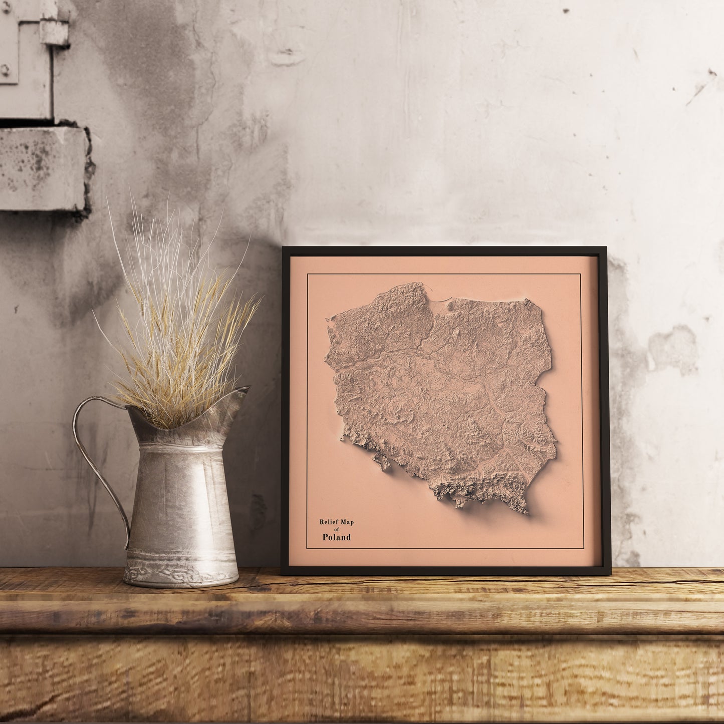 Vintage Poland shaded relief map in black frame. Realistic terrain art print for home decor, displayed on rustic wooden table