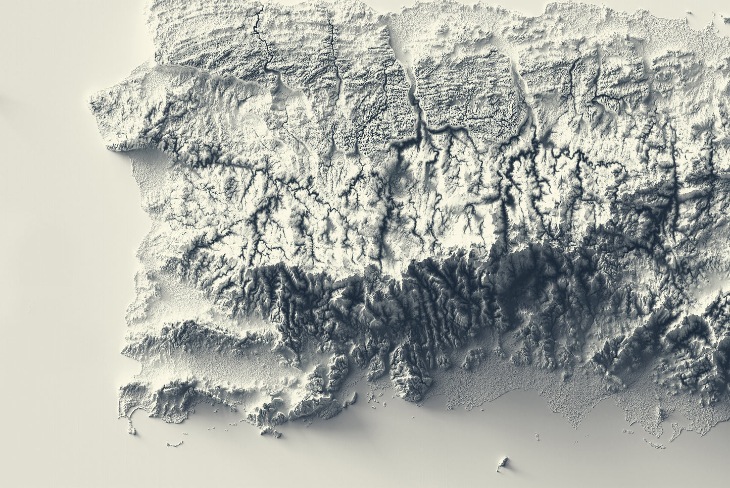 Detailed close-up of a Puerto Rico relief map, showcasing textured topography and geographic contours