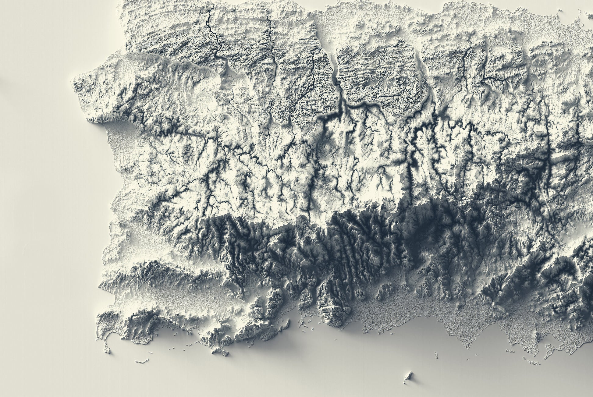 Detailed close-up of a Puerto Rico relief map, showcasing textured topography and geographic contours