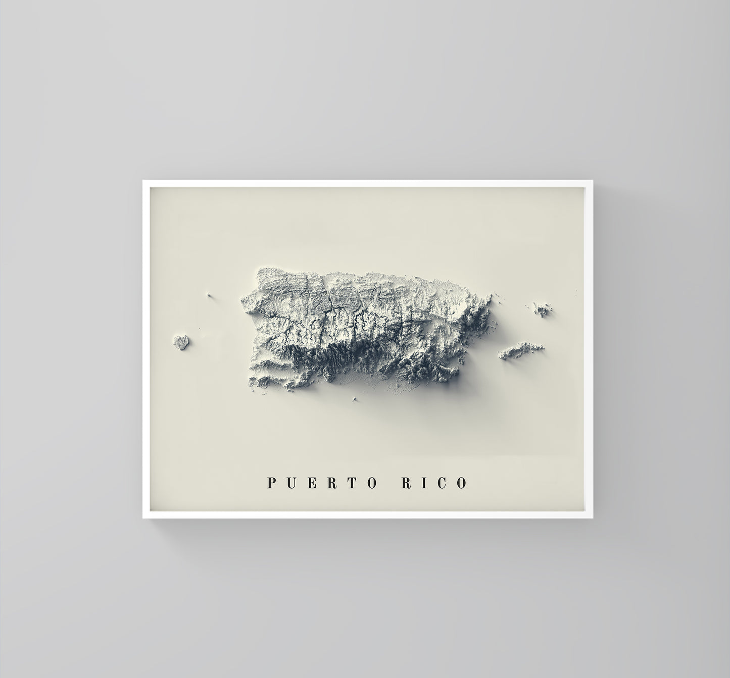 Puerto Rico framed shaded relief map in white frame. Artistic print highlighting mountains with a realistic 3d effect