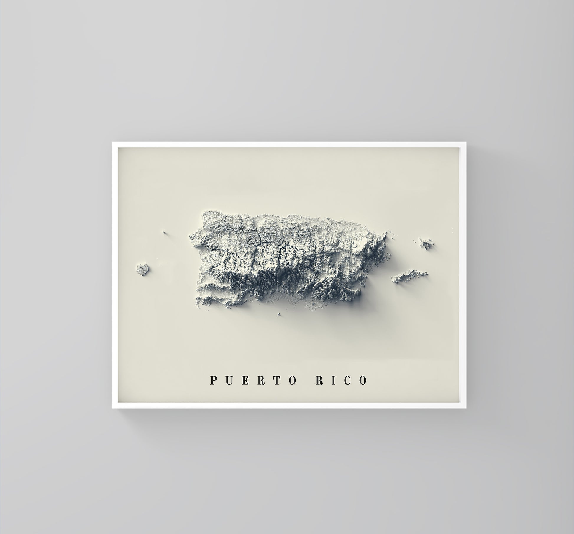 Puerto Rico framed shaded relief map in white frame. Artistic print highlighting mountains with a realistic 3d effect