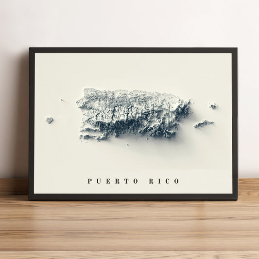 Puerto Rico framed shaded relief map in black frame. Artistic print highlighting mountains with a realistic terrain effect