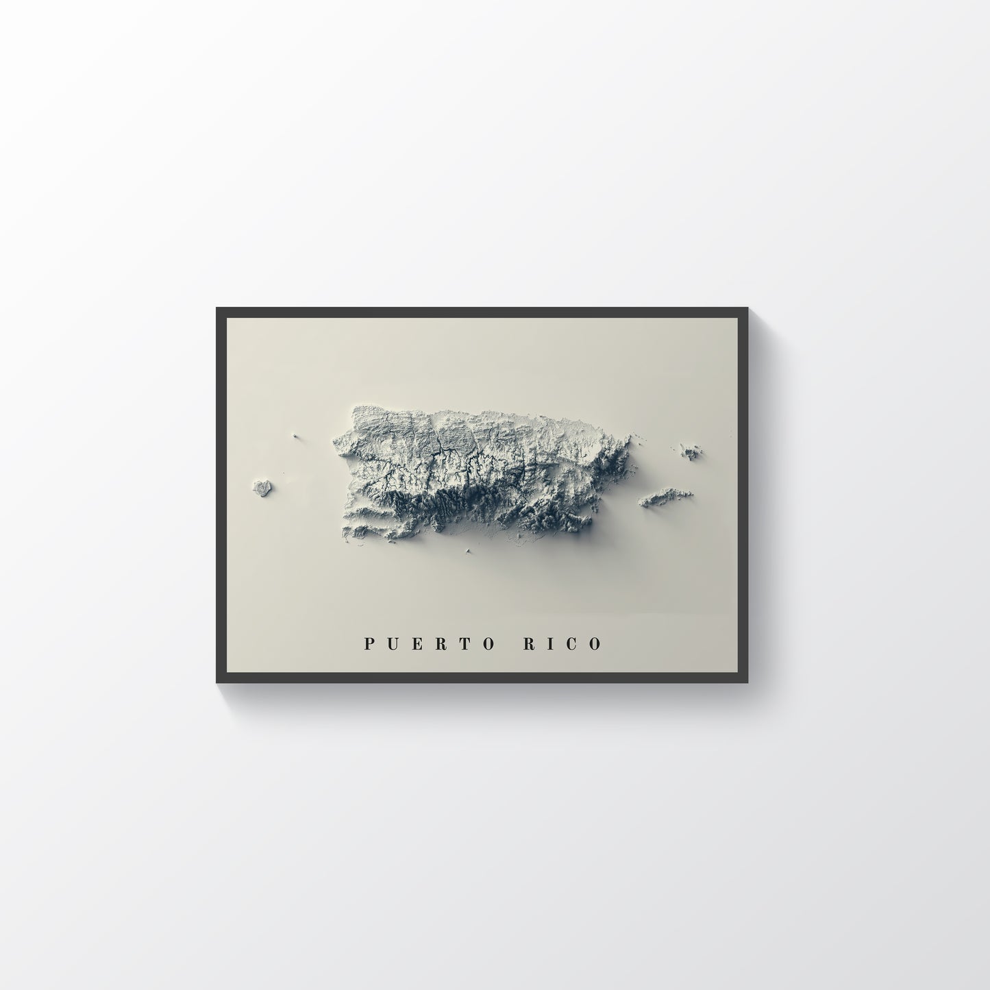 Puerto Rico framed shaded relief map in black frame. Artistic print highlighting mountains with a realistic terrain effect