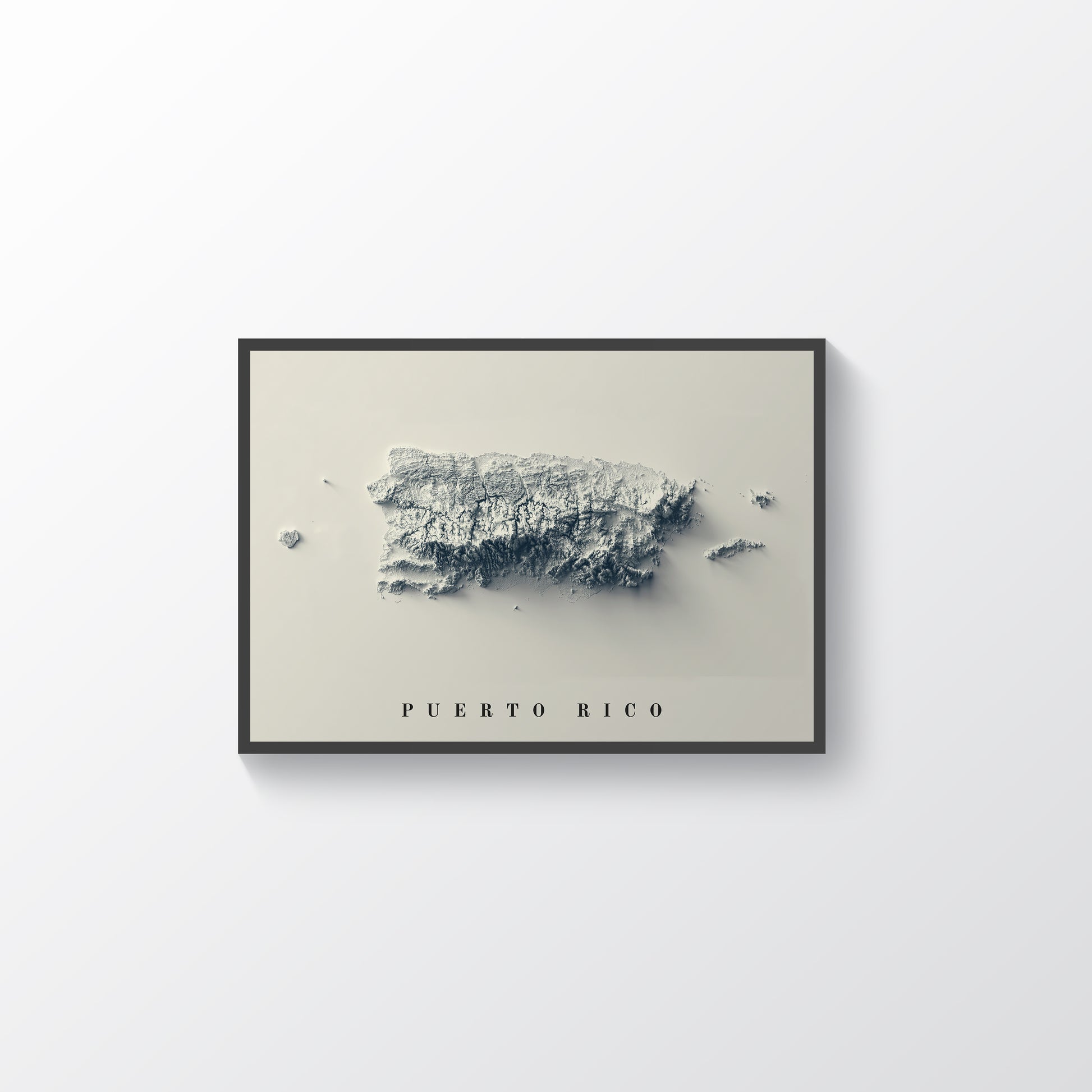 Puerto Rico framed shaded relief map in black frame. Artistic print highlighting mountains with a realistic terrain effect