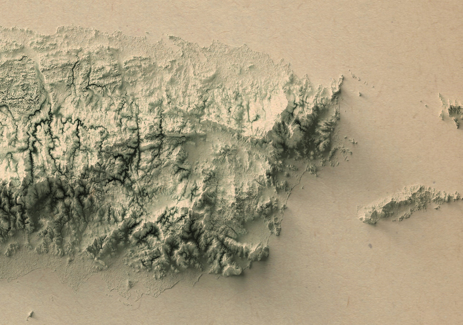 Detailed close-up of a vintage Puerto Rico relief map, showcasing textured topography and geographic contours