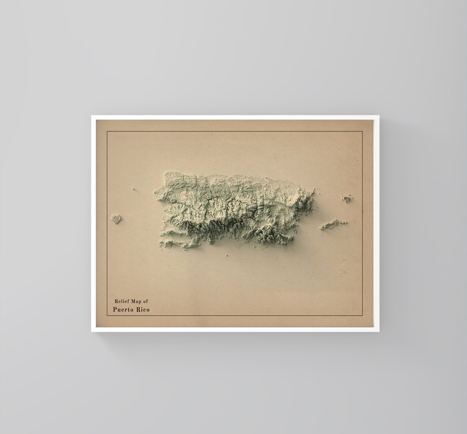 Puerto Rico vintage framed shaded relief map in white frame. Artistic print highlighting mountains with a realistic 3d effect
