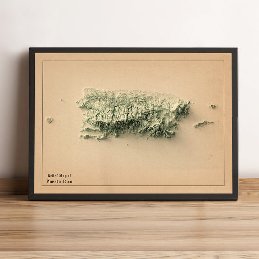 Puerto Rico vintage framed shaded relief map in black frame. Artistic print highlighting mountains with a realistic terrain effect
