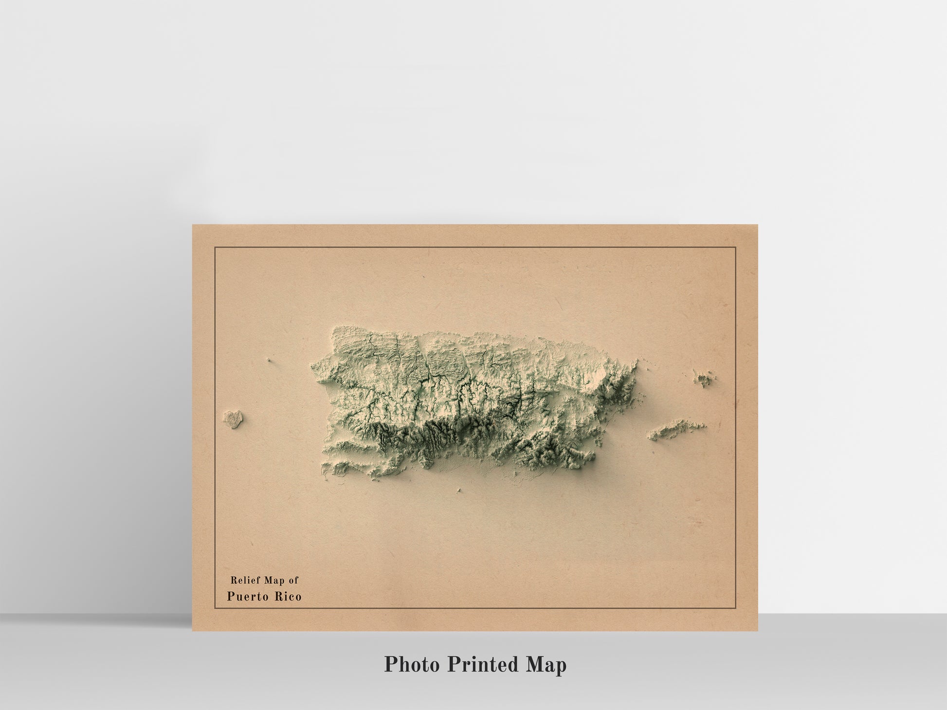 Puerto Rico Shaded relief map print, highlighting topography. Ideal for home decor and geography lovers