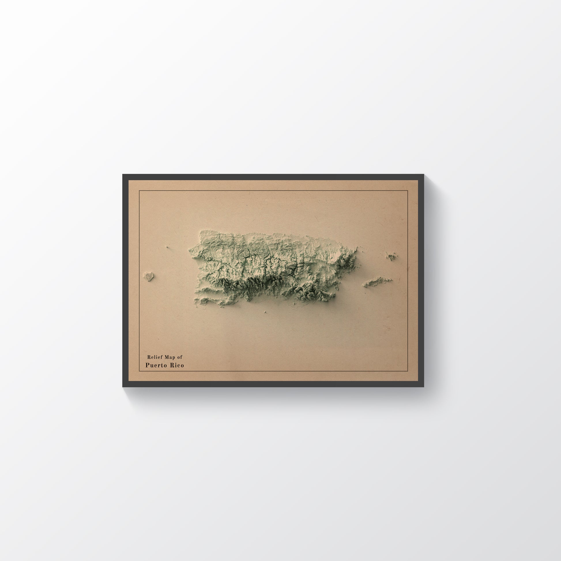 Puerto Rico vintage framed shaded relief map in black frame. Artistic print highlighting mountains with a realistic terrain effect