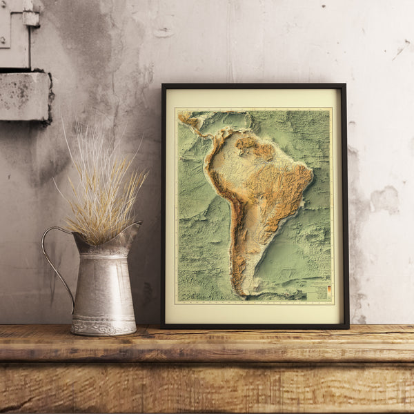 vintage shaded relief map of South America
