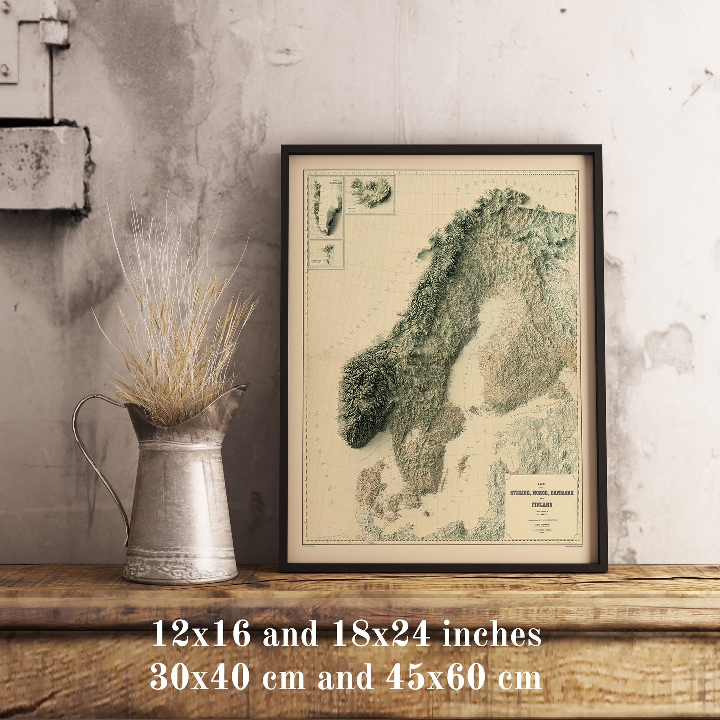 Vintage Scandinavia shaded relief map in black frame. Realistic terrain art print for home decor, displayed on rustic wooden table