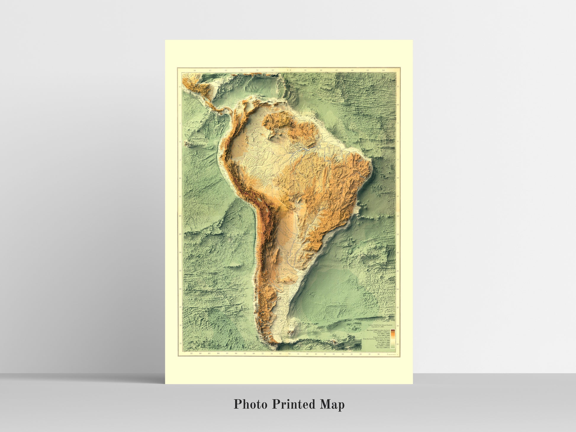 South America Bathymetrical Shaded relief map print, highlighting topography. Ideal for home decor and geography lovers