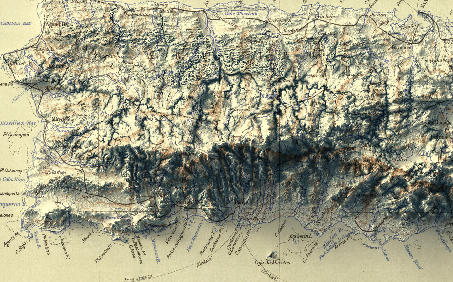 Detailed close-up of a vintage Puerto Rico relief map, showcasing textured topography and geographic contours