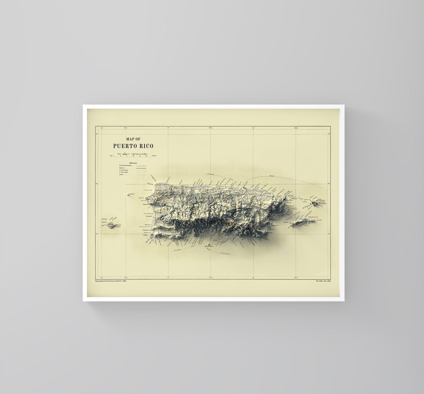 Puerto Rico vintage framed shaded relief map in white frame. Artistic print highlighting mountains with a realistic 3d effect