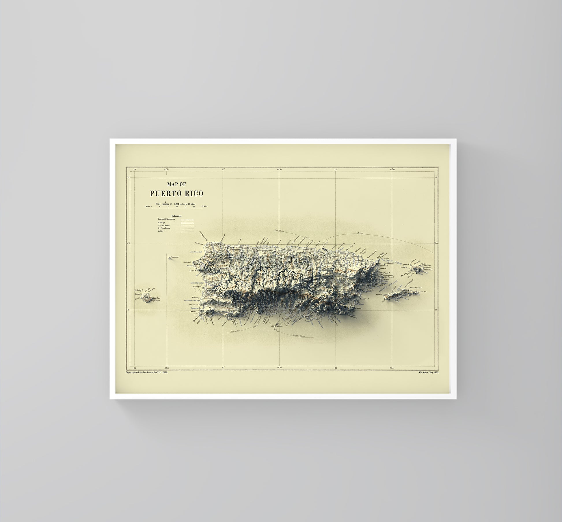 Puerto Rico vintage framed shaded relief map in white frame. Artistic print highlighting mountains with a realistic 3d effect