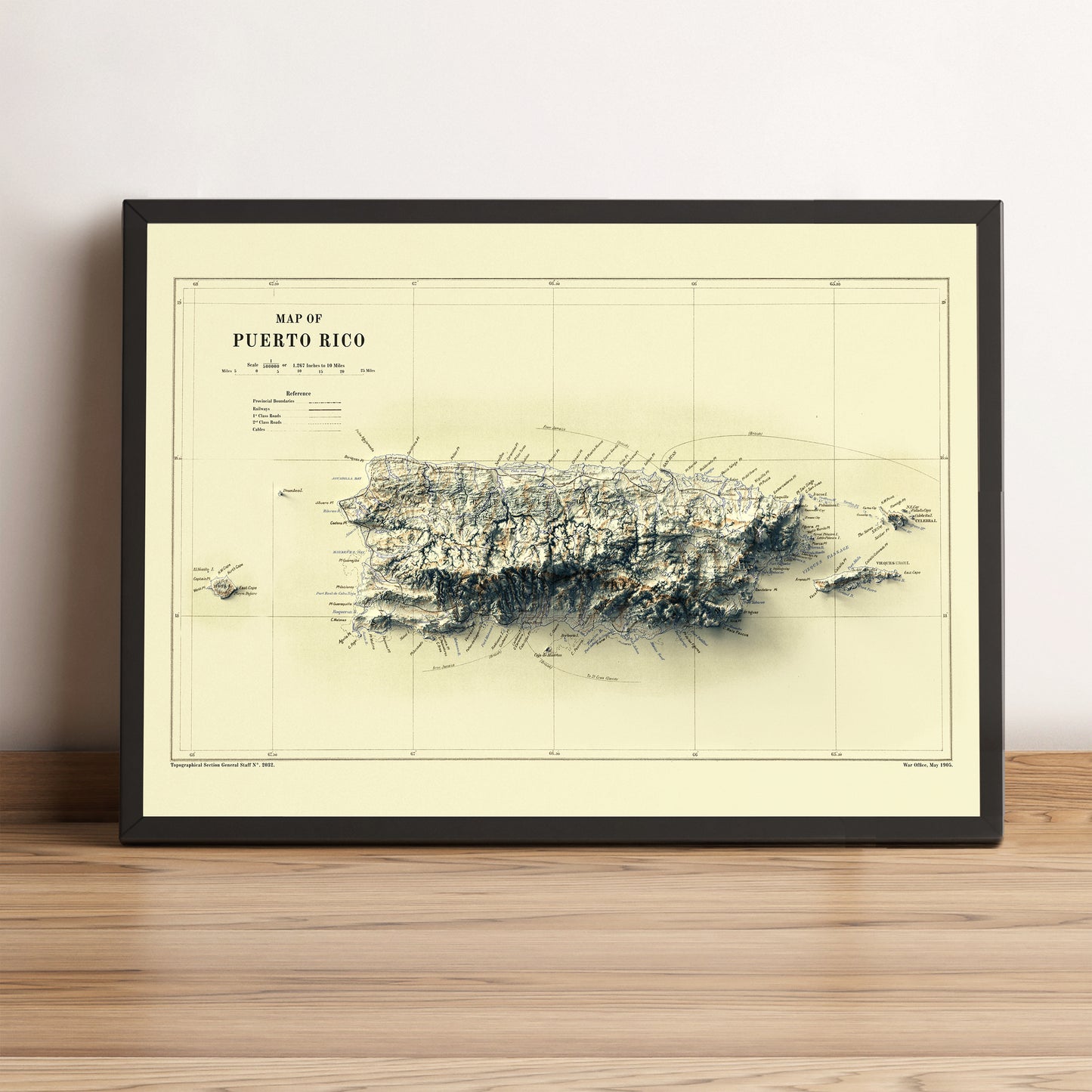 Puerto Rico vintage framed shaded relief map in black frame. Artistic print highlighting mountains with a realistic terrain effect