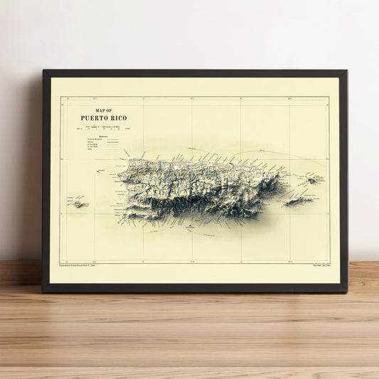Puerto Rico vintage framed shaded relief map in black frame. Artistic print highlighting mountains with a realistic terrain effect
