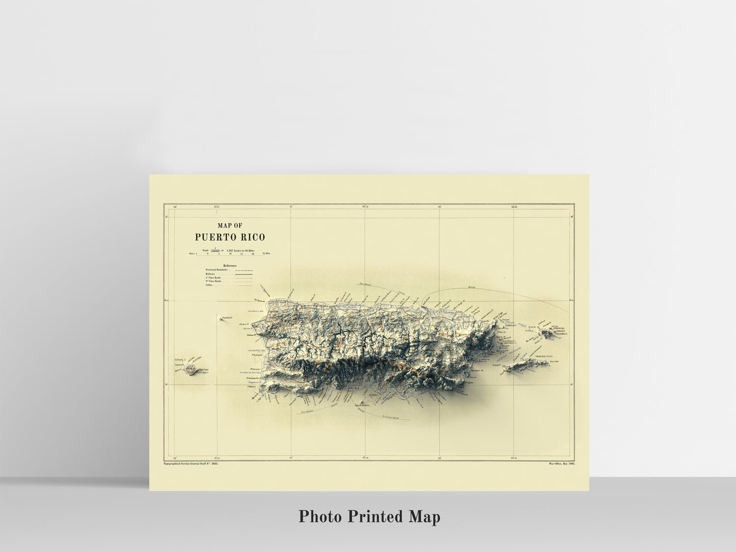 Puerto Rico Shaded relief map print, highlighting topography. Ideal for home decor and geography lovers