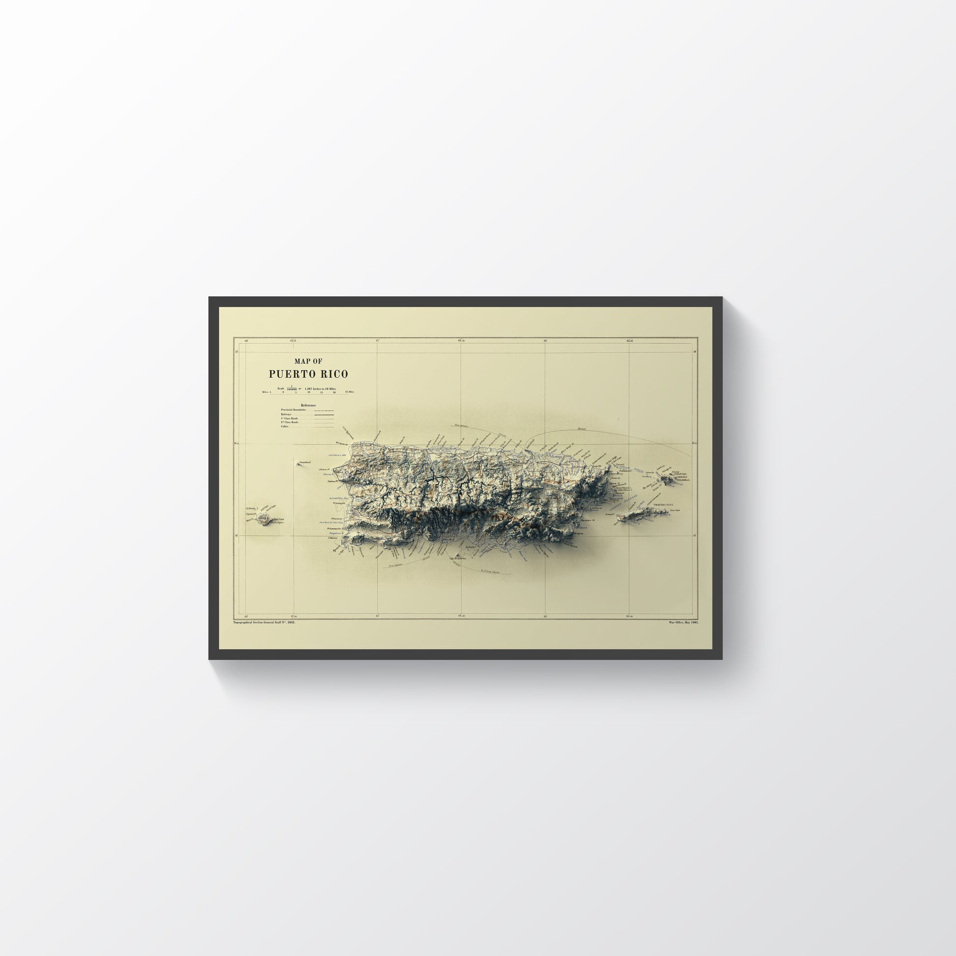 Puerto Rico vintage framed shaded relief map in black frame. Artistic print highlighting mountains with a realistic terrain effect