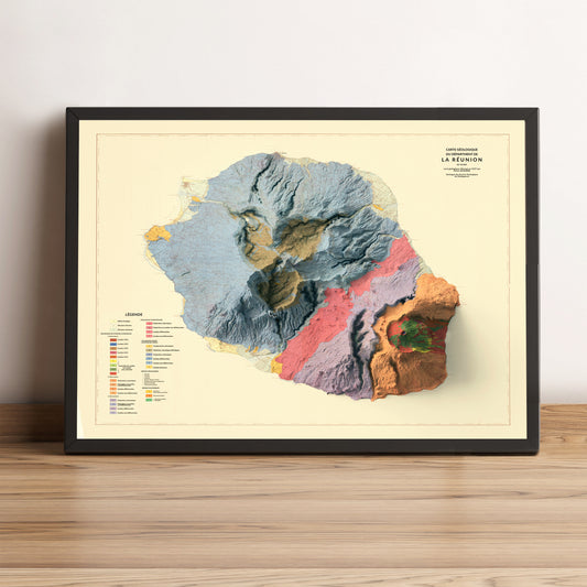 Reunion (France) vintage framed shaded relief map in black frame. Artistic print highlighting mountains with a realistic terrain effect