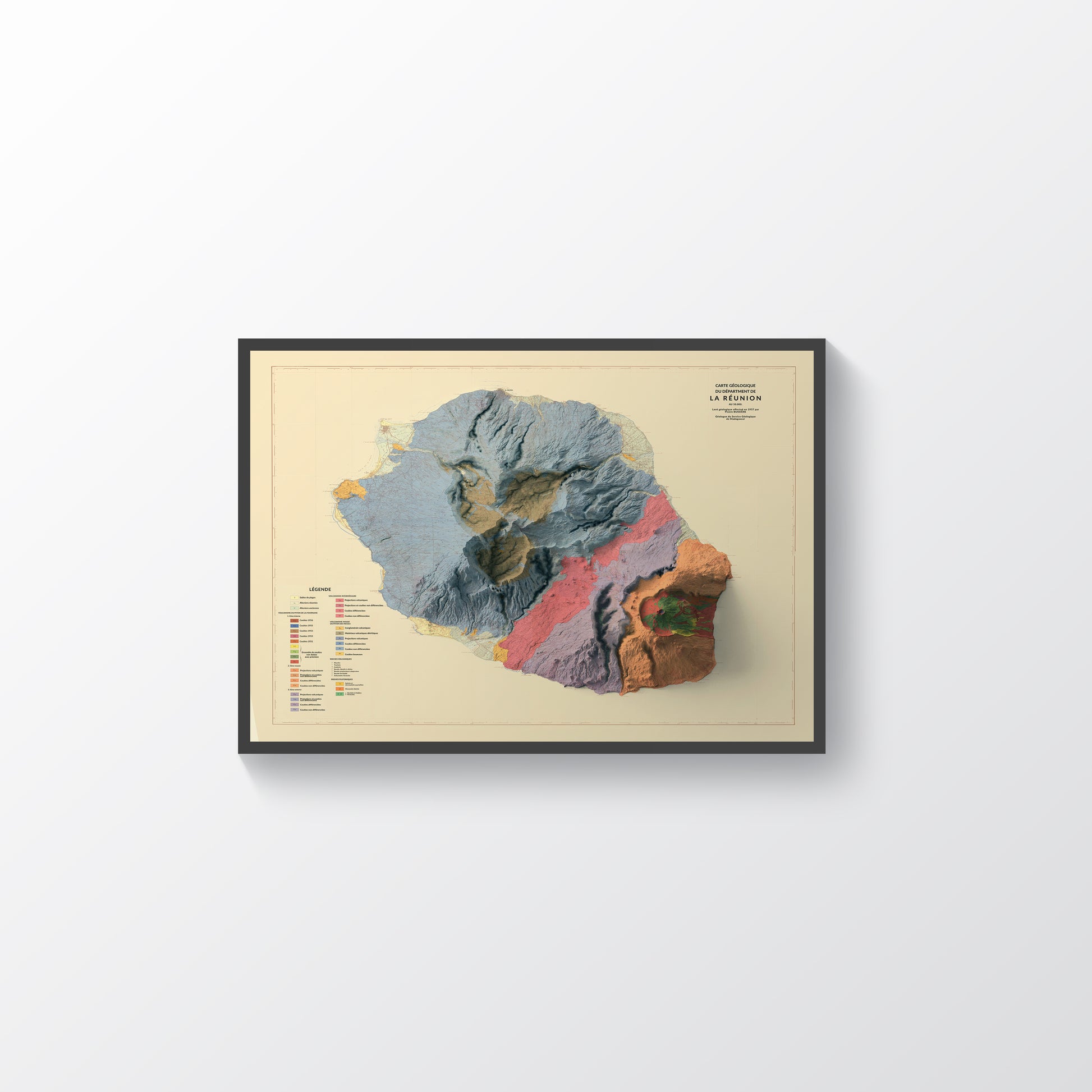 Reunion (France) vintage framed shaded relief map in black frame. Artistic print highlighting mountains with a realistic terrain effect