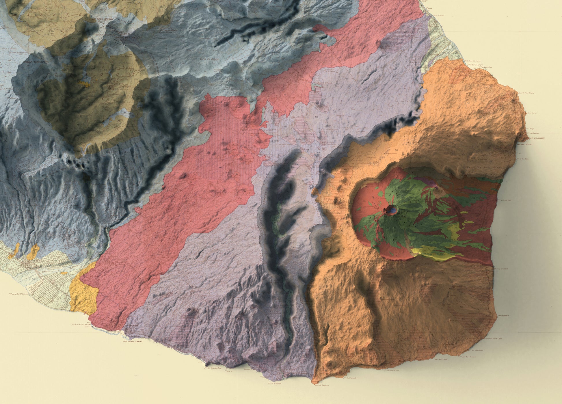 Detailed close-up of a vintage Reunion (France) relief map, showcasing textured topography and geographic contours