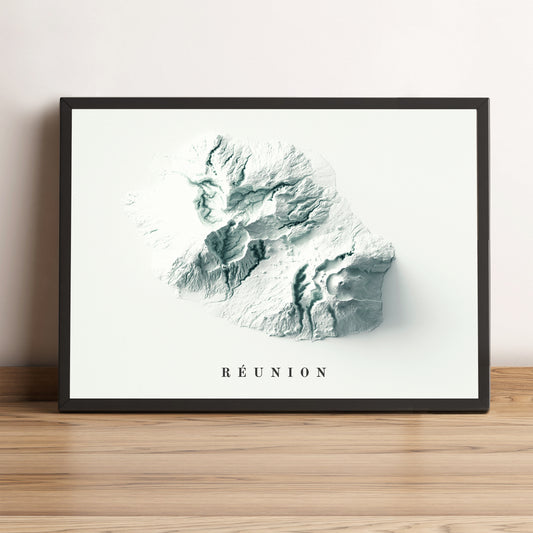 Reunion (France) framed shaded relief map in black frame. Artistic print highlighting mountains with a realistic terrain effect