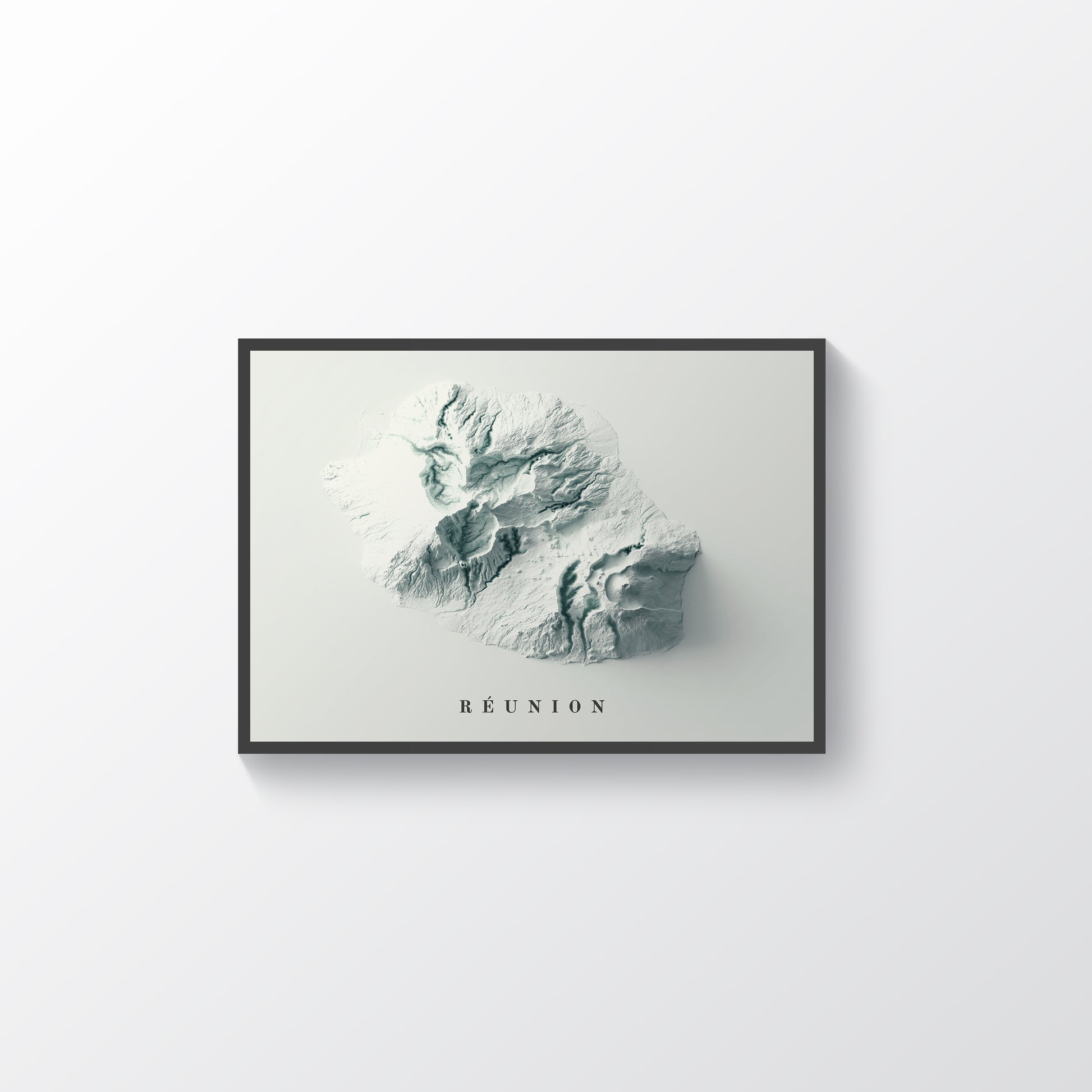 Reunion (France) vintage framed shaded relief map in black frame. Artistic print highlighting mountains with a realistic terrain effect