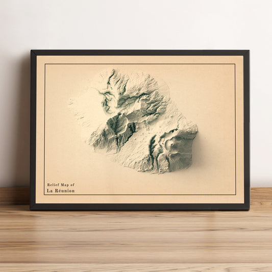 Reunion (France) vintage framed shaded relief map in black frame. Artistic print highlighting mountains with a realistic terrain effect