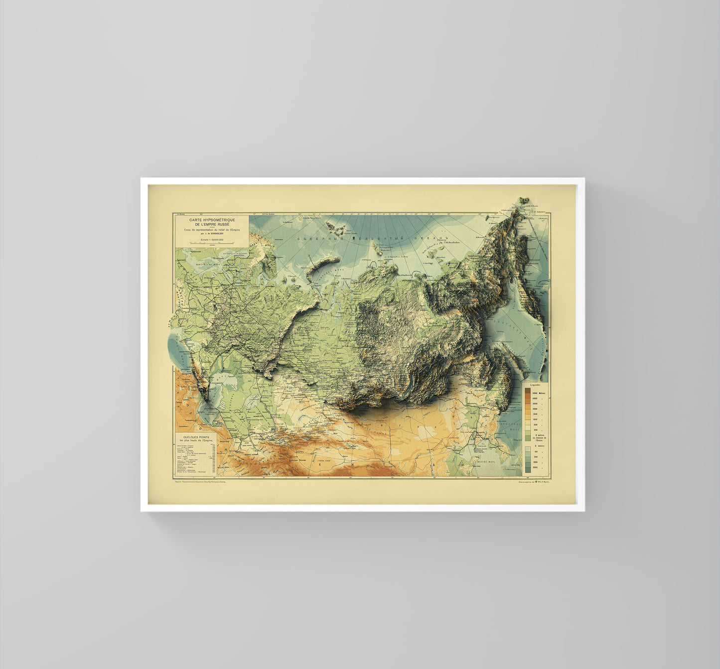 Russia vintage framed shaded relief map in white frame. Artistic print highlighting mountains with a realistic 3d effect