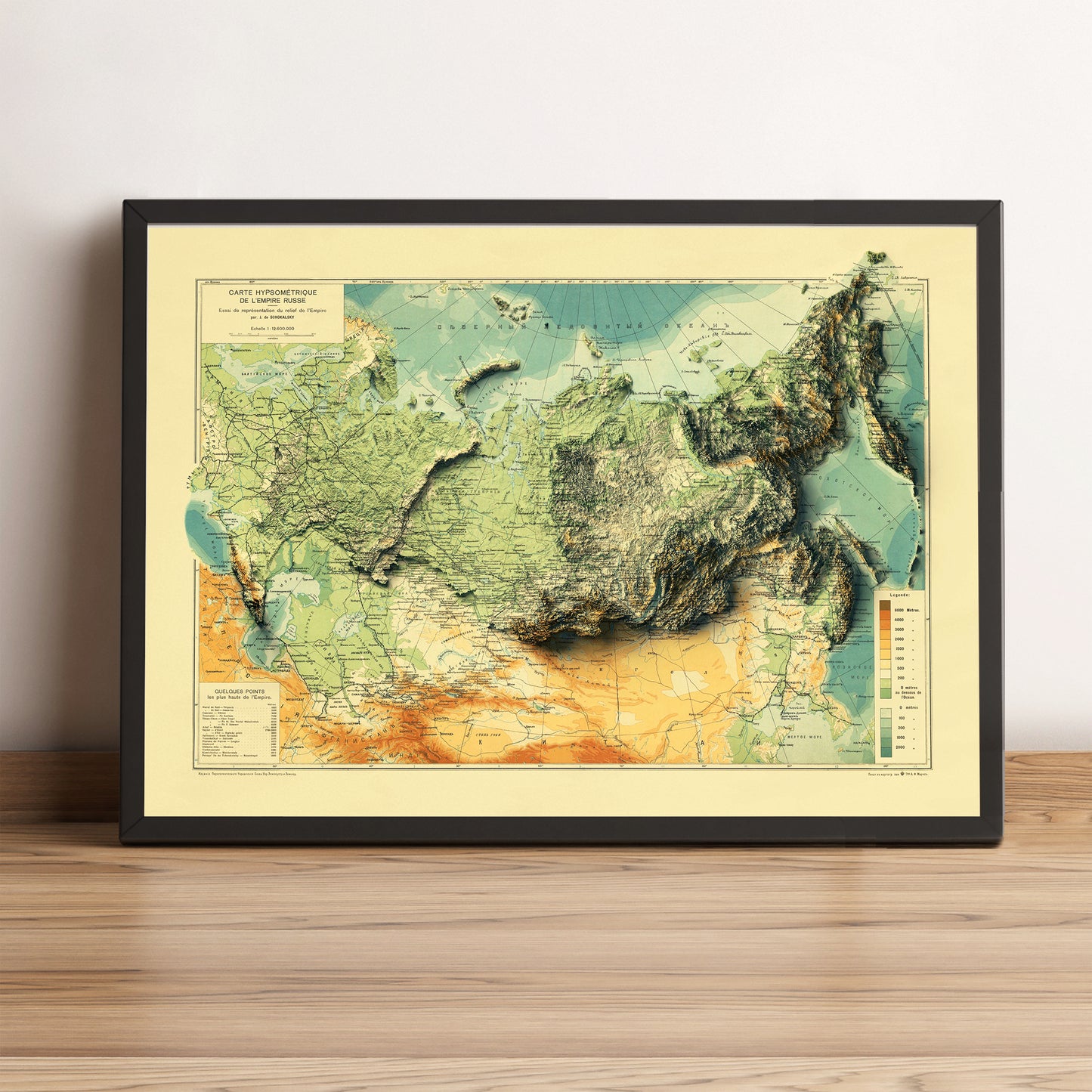 Russia vintage framed shaded relief map in black frame. Artistic print highlighting mountains with a realistic terrain effect