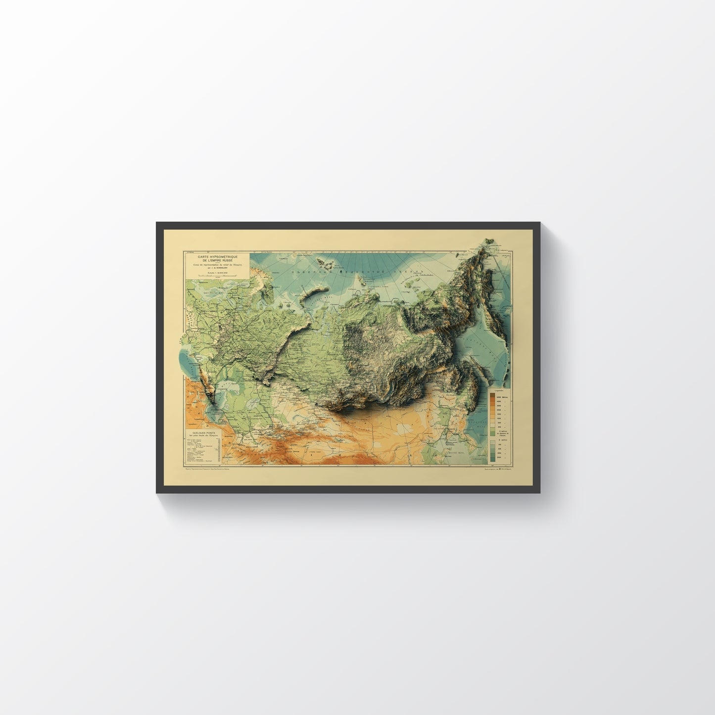 Russia vintage framed shaded relief map in black frame. Artistic print highlighting mountains with a realistic terrain effect