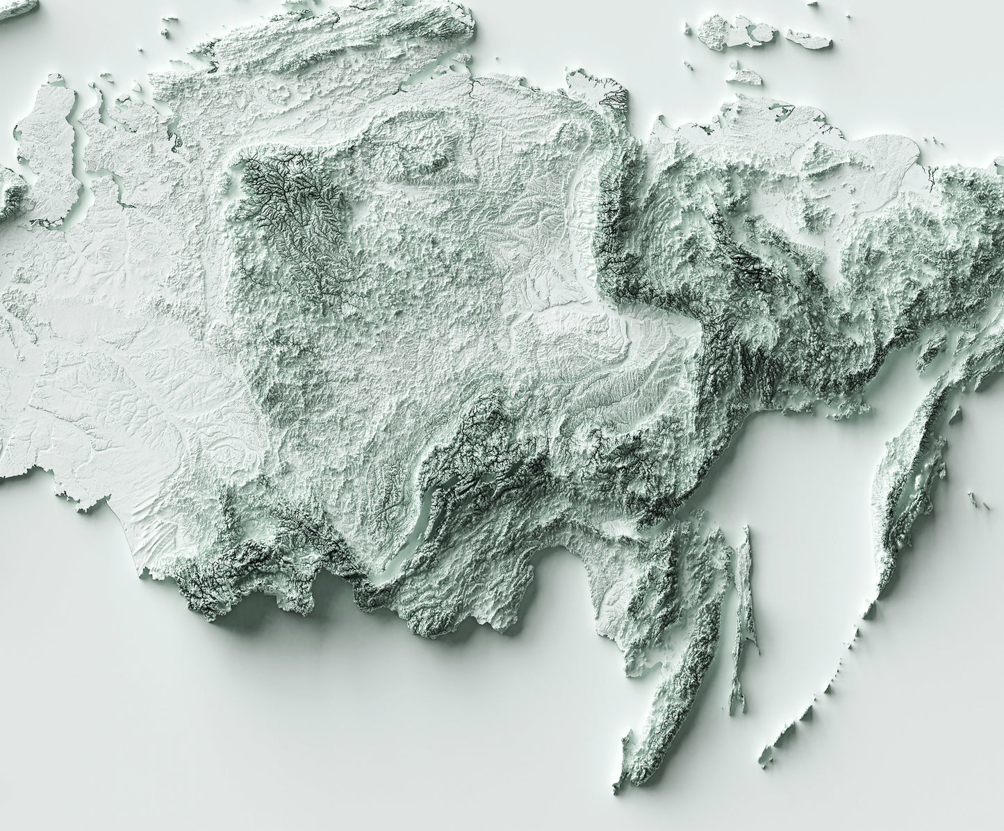 Detailed close-up of a Russia relief map, showcasing textured topography and geographic contours